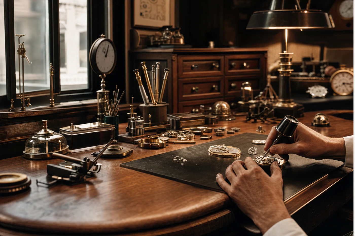 Traditional watchmaker working at a Geneva atelier bench